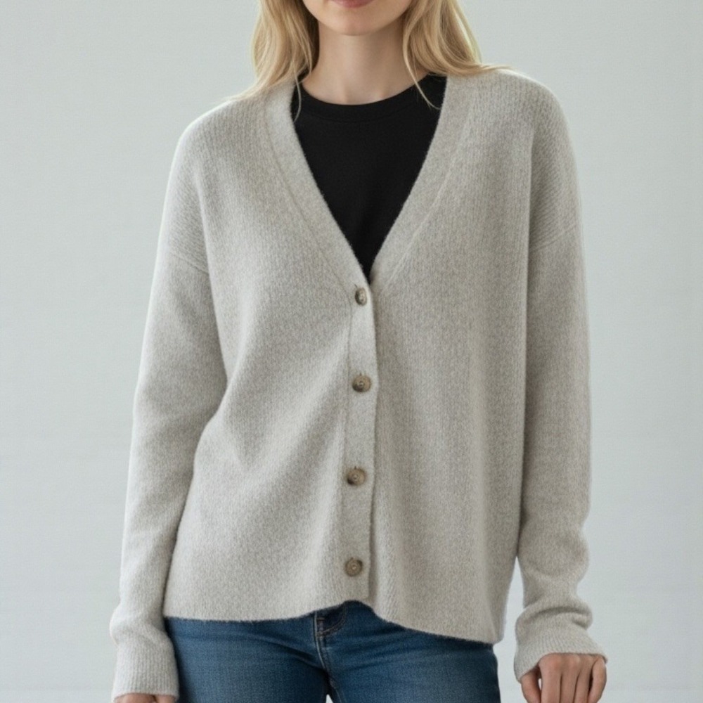 Womens LOFT Cardigan Sweater Medium Oatmeal Beige Excellent Shimmer Eyelash Knit